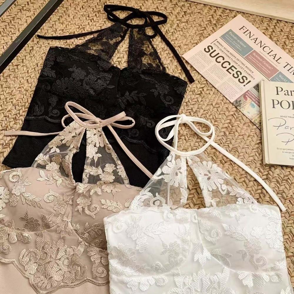 Hollow Splicing Lace Corset Hanging Neck Suspender Vest Fashion Halter Crop Tops  Women
