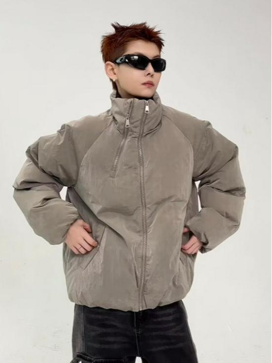 Unisex Winter-Autumn Stand Collar Puffer Jacket with Double Zipper and Trendy Design