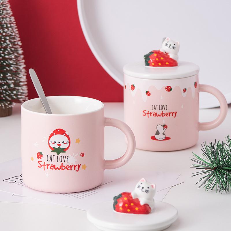 Lovely strawberry Cup Ins Coffee Mug Creative Water Milk Breakfast Cups Cartoon Cat Ceramic Mugs With Lid Spoon Gift