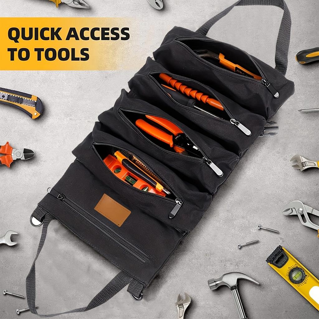 1 pc Tool Roll Organizer, Wrench Roll Up Pouch Bag with 5 Zipper Pockets Canvas Tool Roll, 16 OZ Canvas Wrench Tool Organizer
