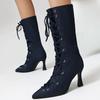 Denim Fashion Show Ankle Boots Stiletto High Heel Pointed Toe Lace-up Shoes For Woman All-match Street Snap Women Boots