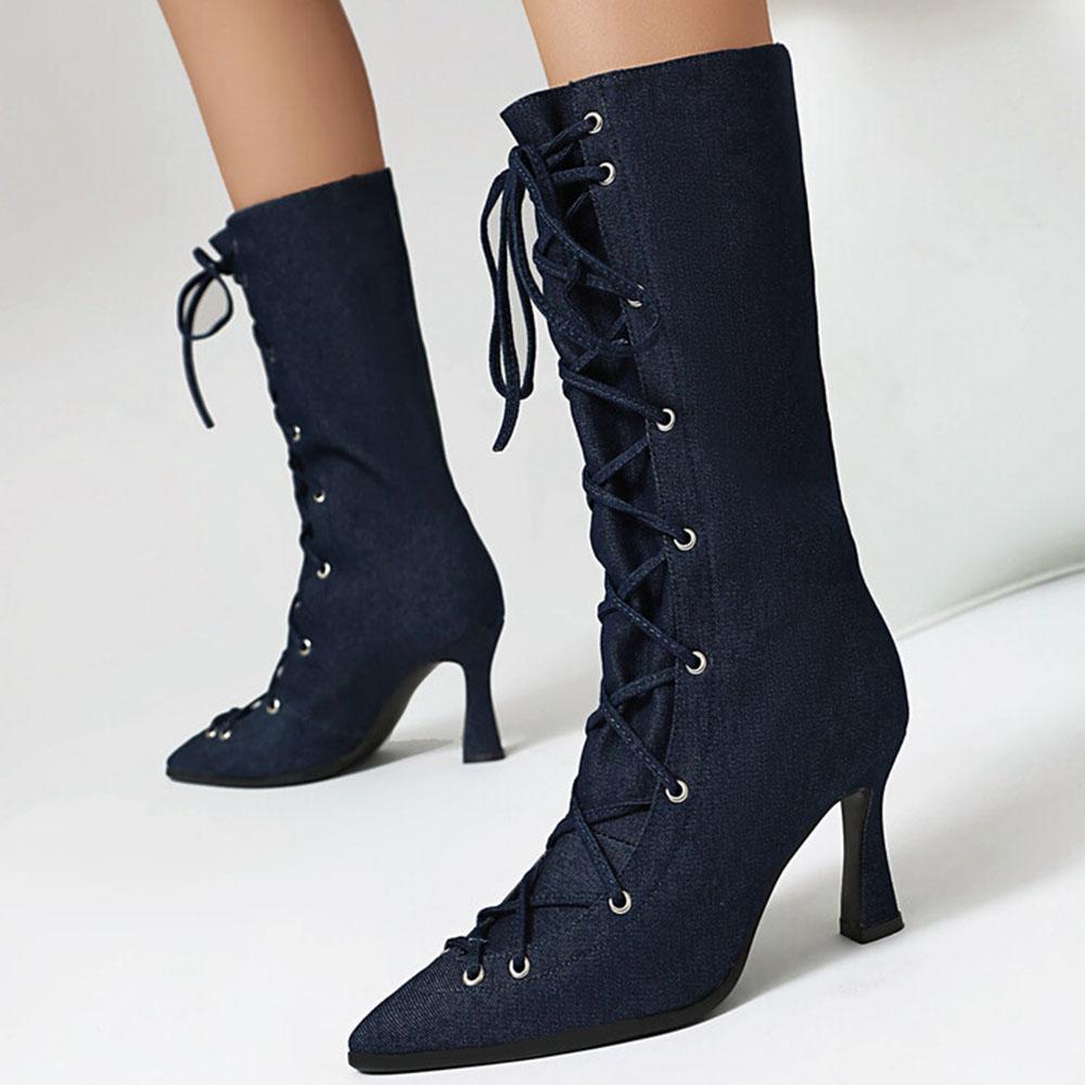 Denim Fashion Show Ankle Boots Stiletto High Heel Pointed Toe Lace-up Shoes For Woman All-match Street Snap Women Boots