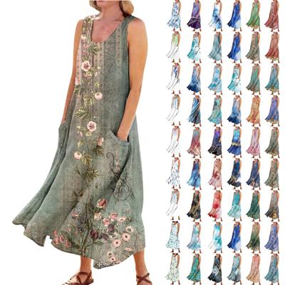 Damen Sommerkleid, lässig, modisch, bedruckt, ärmellos, Rundhalsausschnitt, Taschenkleid
