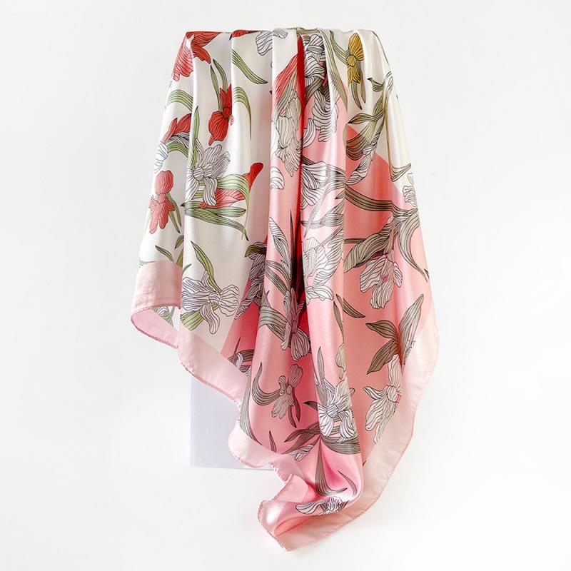90cm Satin Printed Headscarf, Classic Floral Large Scarf, Women’s Shawl 90x90cm