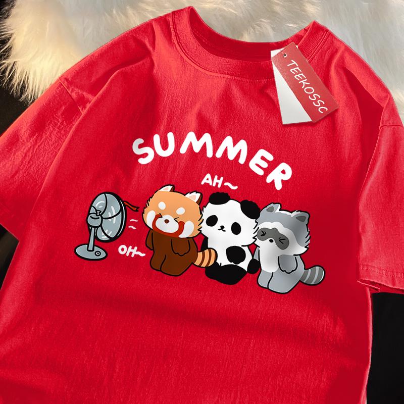 

3 Raccoons Blowing Fans Print T-Shirt Street Breathable Tshirt Fashion Loose Tees Cotton Oversized Street Clothes Men Women S