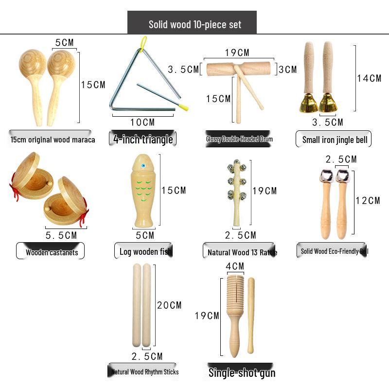 Children's Orff Percussion Instruments: Triangle, Castanets, Maracas, Tambourine, Wood Block, Cymbals