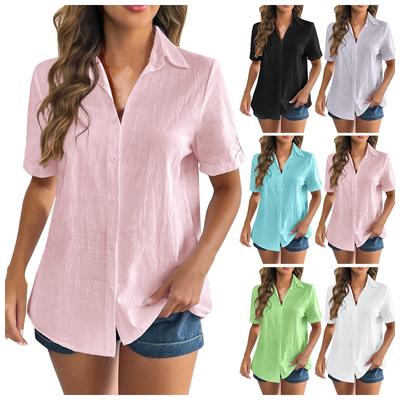 Damen Baumwollhemd mit Knopfleiste, hochgekrempelten Kurzärmeln, Sommer Casual V-Ausschnitt Strandhemden, Damen einfarbige Oberteile