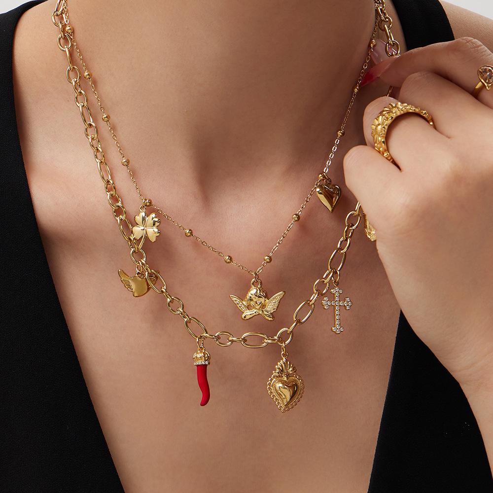 European Luxury Heart Multi-Pendant Double Layer 18K Gold-Plated Stainless Steel Necklace