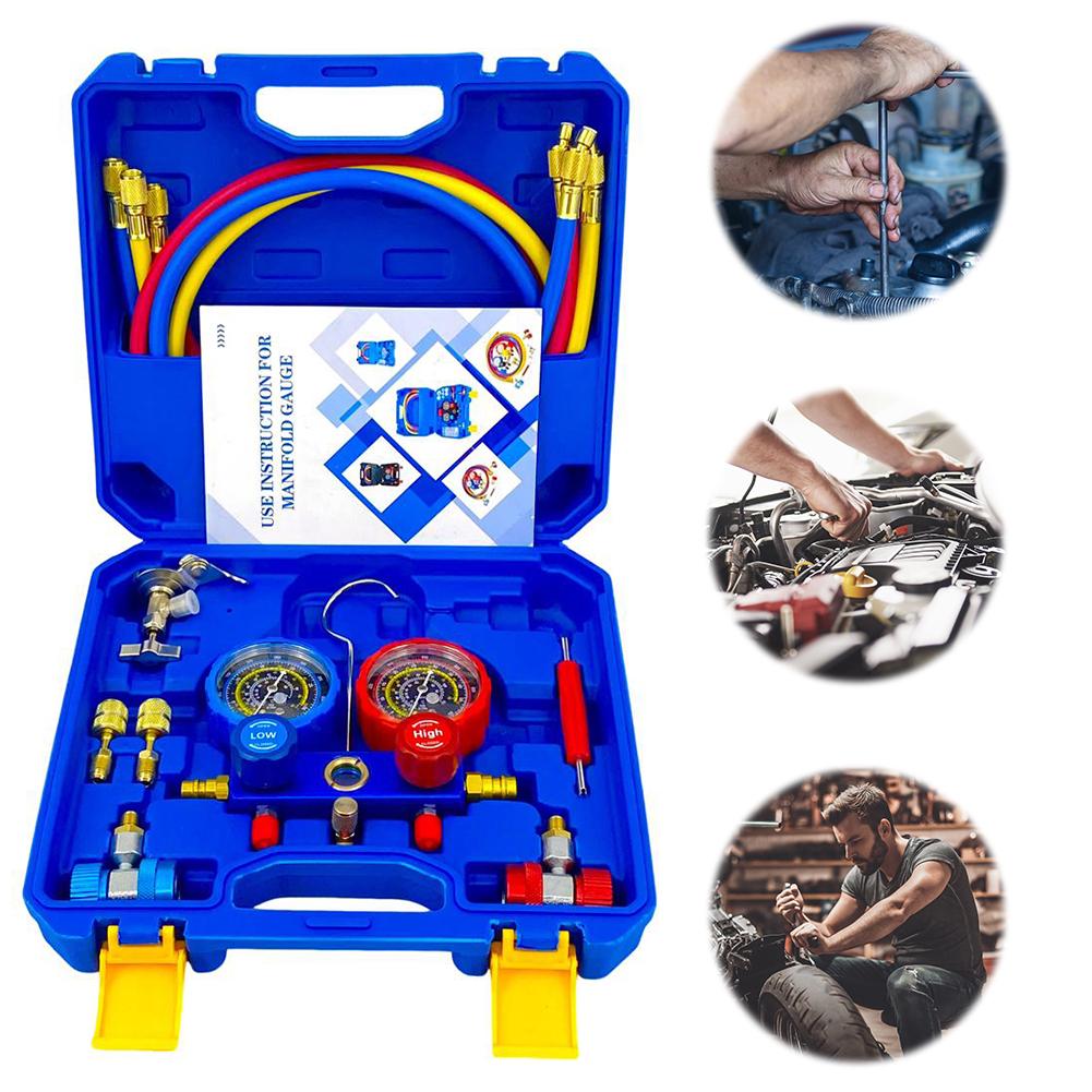 3 Way AC Manifold Gauge Set with 5FT Hoses AC Diagnostic Manifold Gauge Set for R134A/R22/R410/R404 Freon Charging Tool