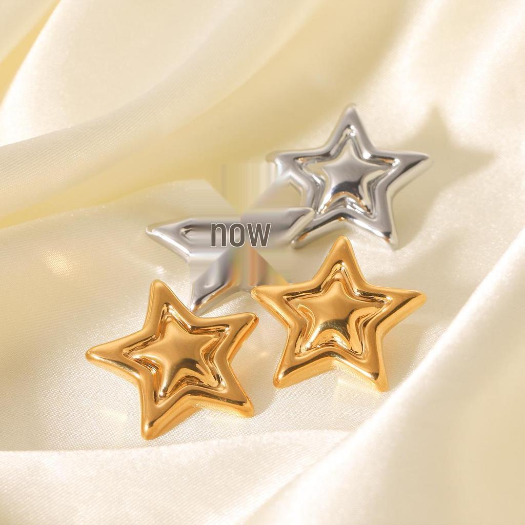 Stainless Steel Gold & Silver Star Pendant Necklace with Open Ring & Star Earrings