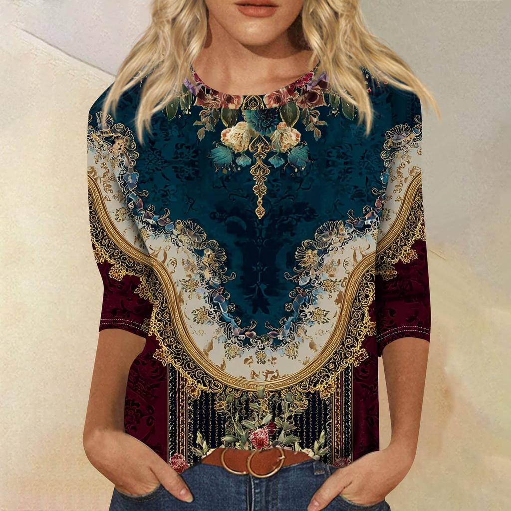 Trendy Vintage 3/4 Sleeve Top For Women,Ladies Casual Three Quarter Sleeve Round Collar Printed T-Shirt Blouse
