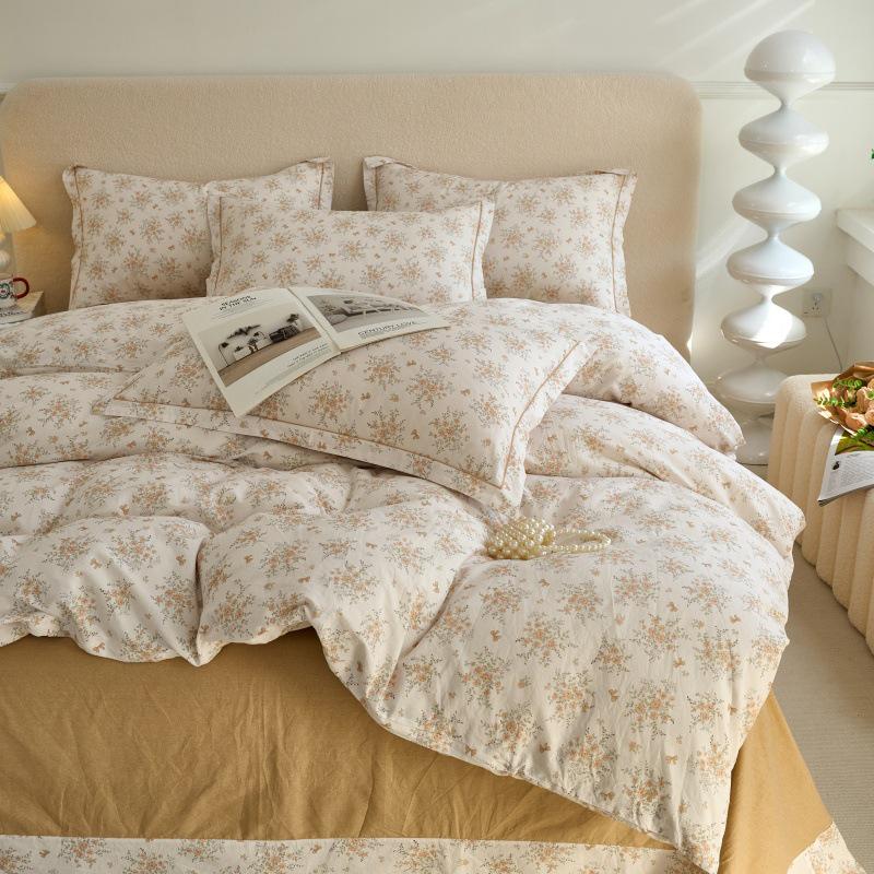 Fresh & Simple Pure Cotton Four-Piece Printed Dorm Set – Includes Three-Piece All-Cotton Bed Sheet, Bed Skirt, and Bedding Set.