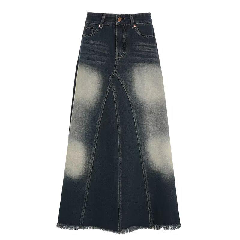 Women's Washed Fishtail Denim Skirt: Distressed High-Waist, Split Design, Raw Edge, Slimming, Long Skirt (2026 New).