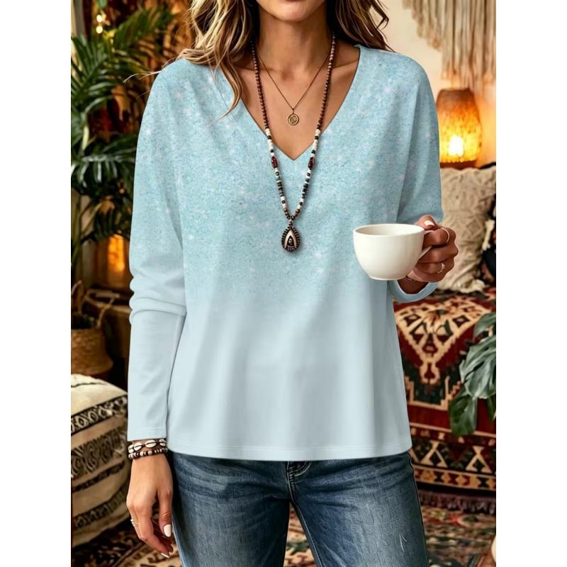 Autumn and Winter Women's Long-sleeved V-neck T-shirt