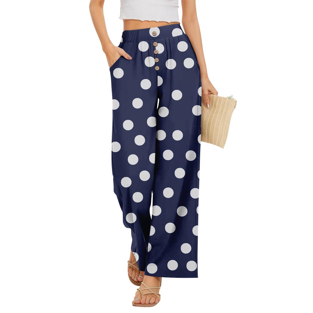 Calças Largas Femininas com Estampa de Bolinhas e Cintura Elástica com Botão e Bolsos para Uso Casual de Verão