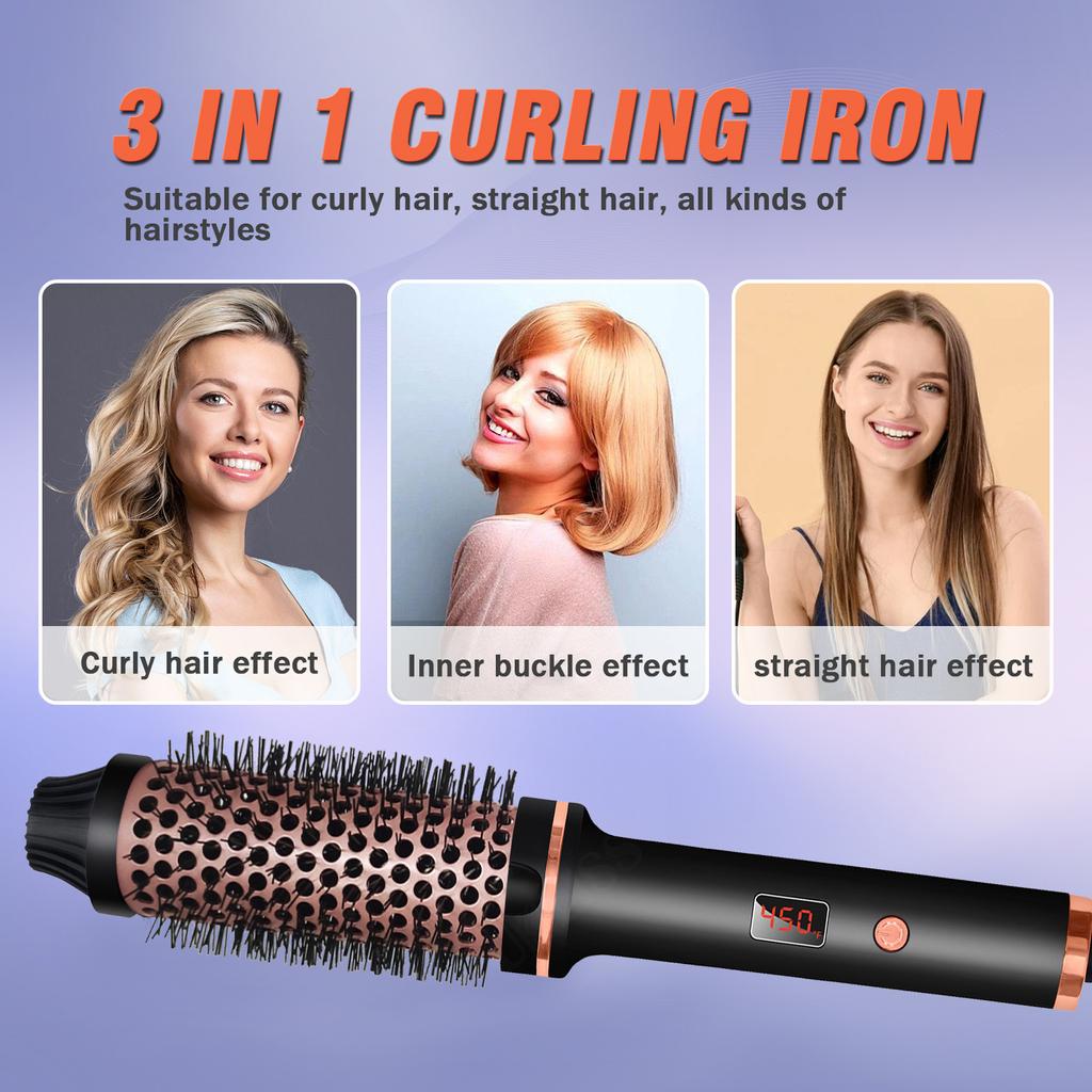 3 in 1 Ionic Hair Curler Straightener Professional Curling Iron Heated Hair Styling Brush Anti-Scald Thermal Brush Curl Wand