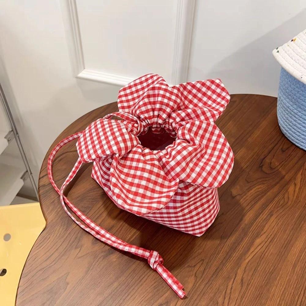 Cloth Flower Drawstring Bag Portable Ins Shoulder Bag Casual Plaid Flower Crossbody Bag Travel