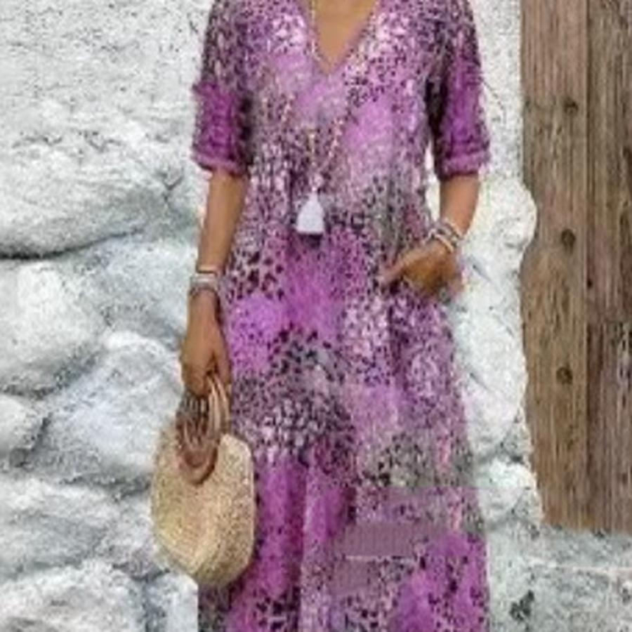 Modna Nowa Sukienka z Kwiatowym Wzorem i Wykończeniem, Dekoltem V, Krótkim Rękawem