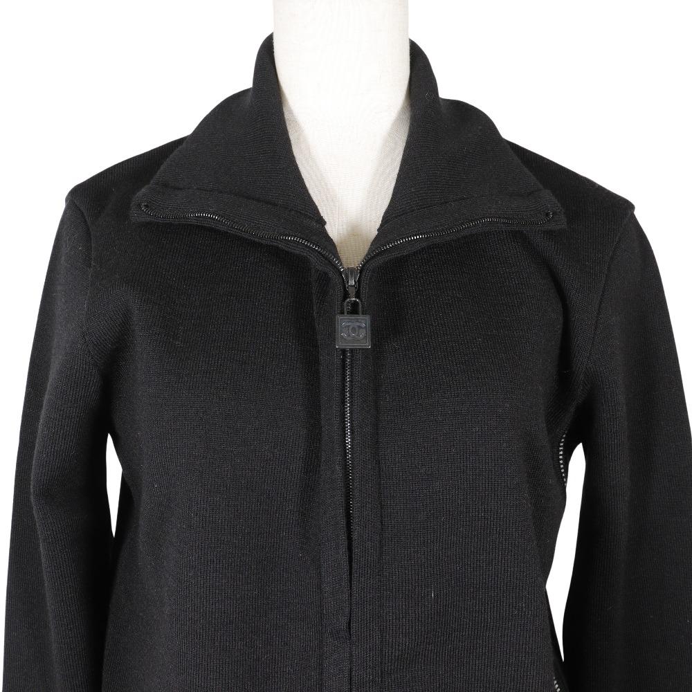 Chanel Sports Line Cardigan P22075V01420 Side Logo 03A Black Wool Women Used