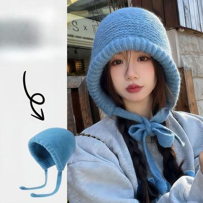Korean Style Women's Autumn Winter Knit Earflap Hat Loose Large Head Circumference Fluffy Versatile Face-Slimming Beanie