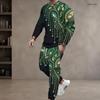 Men Plus Size Black Gold Silver Printed Round Neck Long Sleeve Top Cuffed Pants Two Piece Set