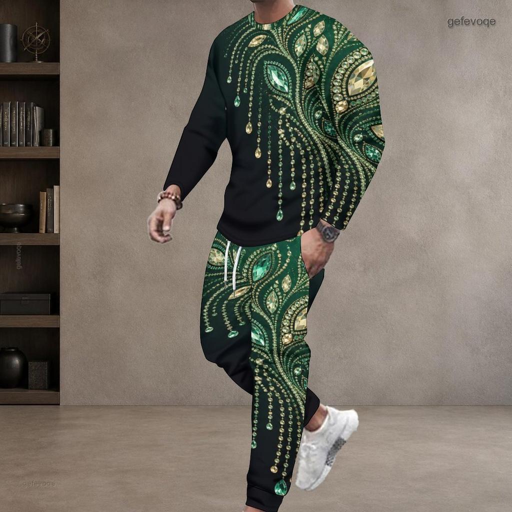 Men Plus Size Black Gold Silver Printed Round Neck Long Sleeve Top Cuffed Pants Two Piece Set