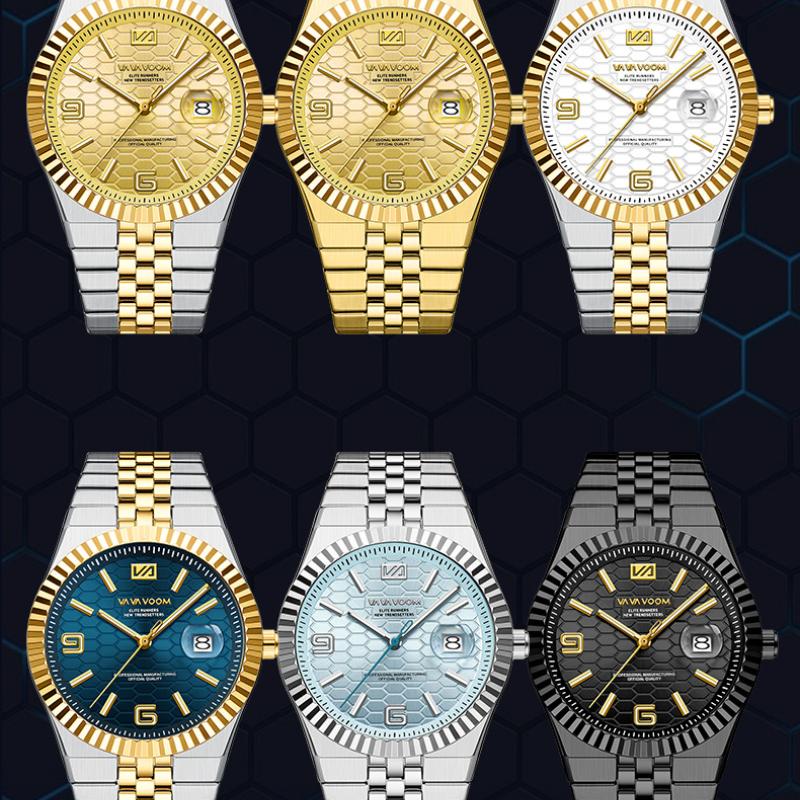 VA VA VOOM Men's Business Steel Belt Watch Honeycomb Texture Waterproof Luminous Watch High Value Calendar Watch