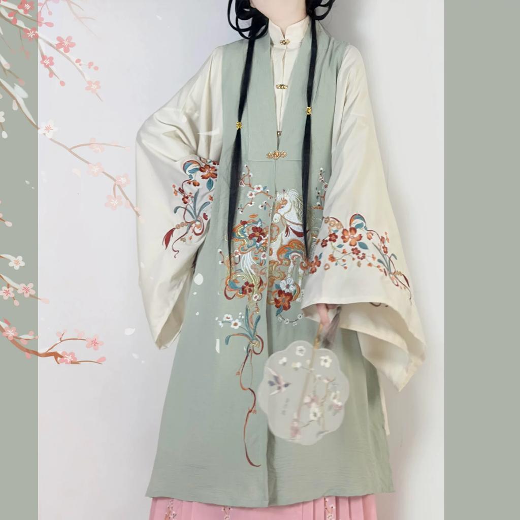 Women's Ming Dynasty Hanfu Set - Traditional Chinese Stand Collar Long Shirt, Embroidered Vest & Floral Mamian Skirt For Cosplay Festival