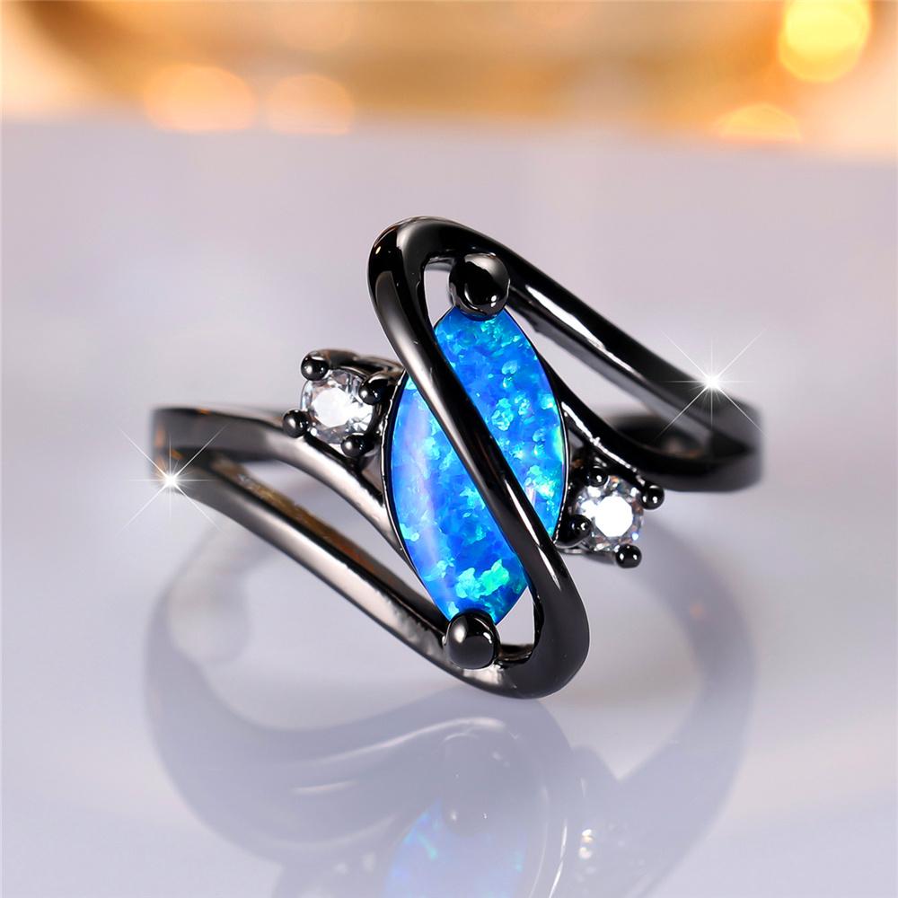 Cute Boho Female Blue Fire Opal Stone Ring Vintage Black Gold Color Wedding Jewelry For Women