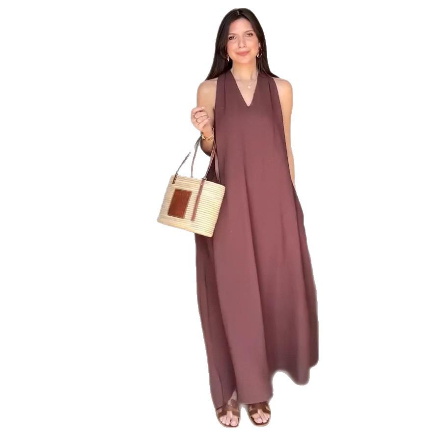2025 Summer Women's V-neck Sleeveless Loose Plus Size Cinch Waist Dress