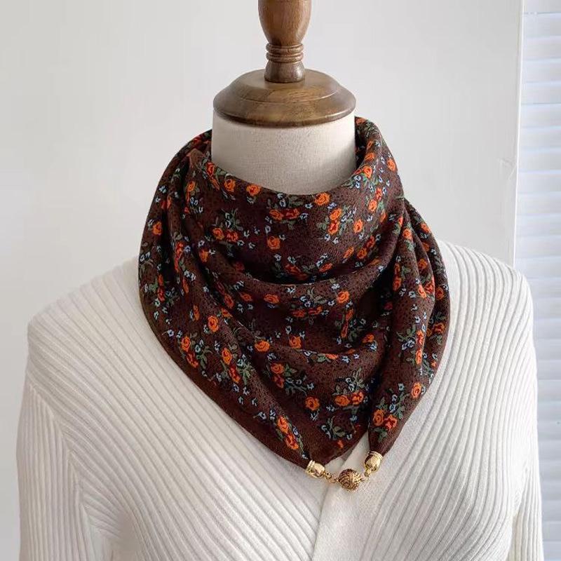 Women's 65" Silk Square Scarf with Magnetic Buckle – Autumn/Winter Print, Fashionable & Versatile Triangle Snood
