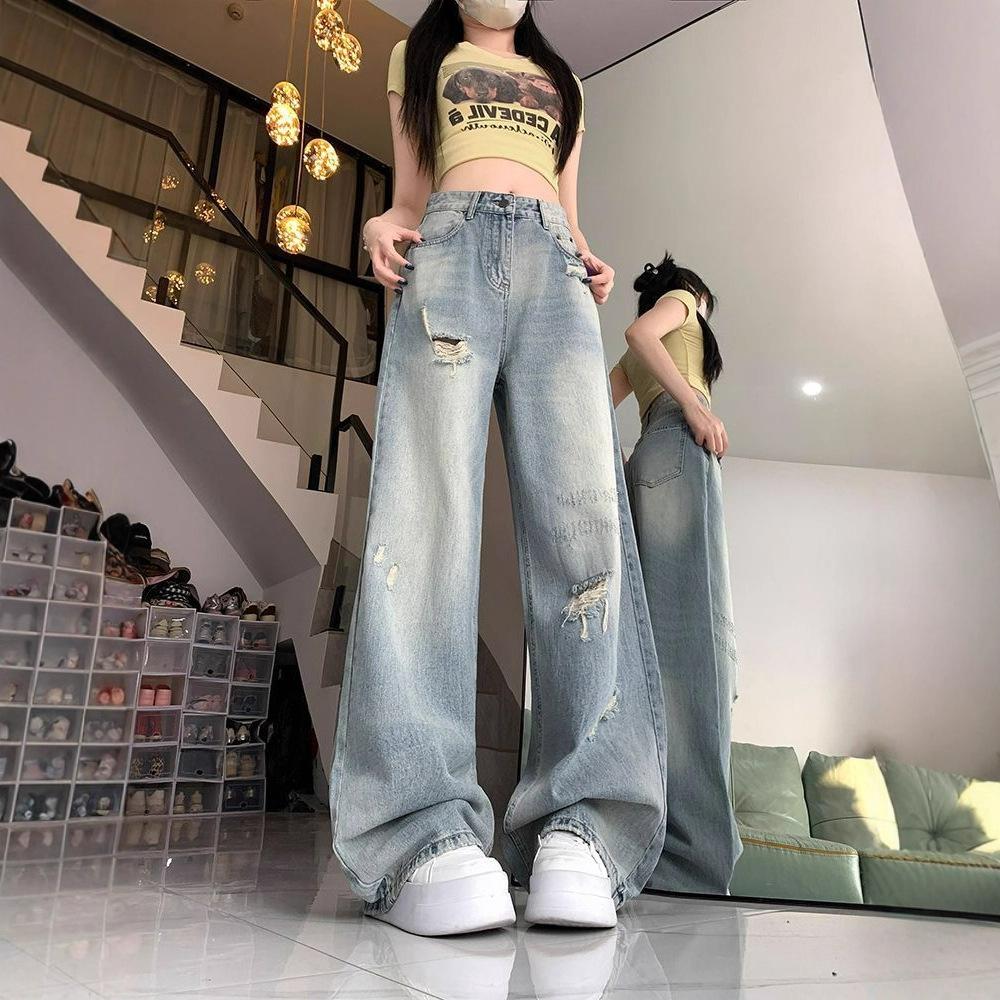 Comfortable High Street Broken Hole Jeans Women Years Straight Small Loose High Waisted Thin Wide Leg Trousers Jeans for Women Long Denim Pants