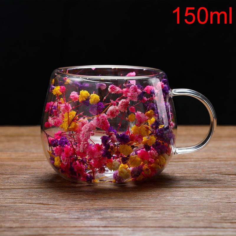 1Pcs Dried Flower Decorative Milk Tea Cup 150/300Ml Double-Layer Dried Flower Glass Cup High Temperature Resistant Coffee Cup