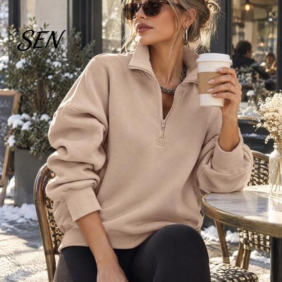 Langarm-Layering-Oberteile Damen Übergroßer Pullover, Stehkragen Reißverschluss Halbe Knopfleiste Oberteile, Leichter Pullover für Lässige Streetwear Entspannt