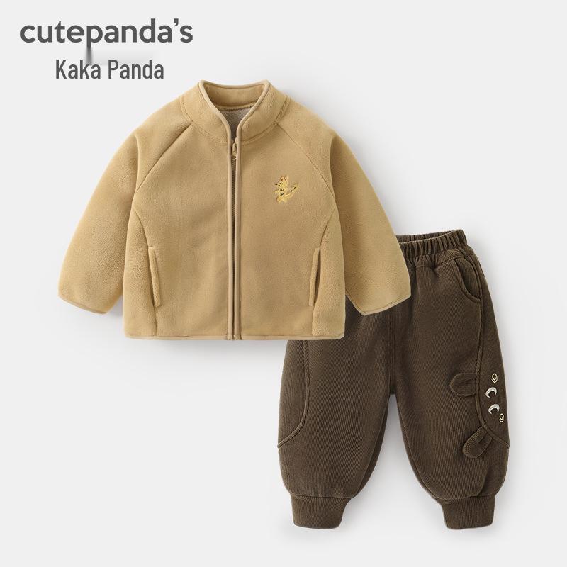 Kaka Panda Kids Fleece-Lined Jacket and Pants Set - Winter Warm Clothes for Boys and Girls 80 cm