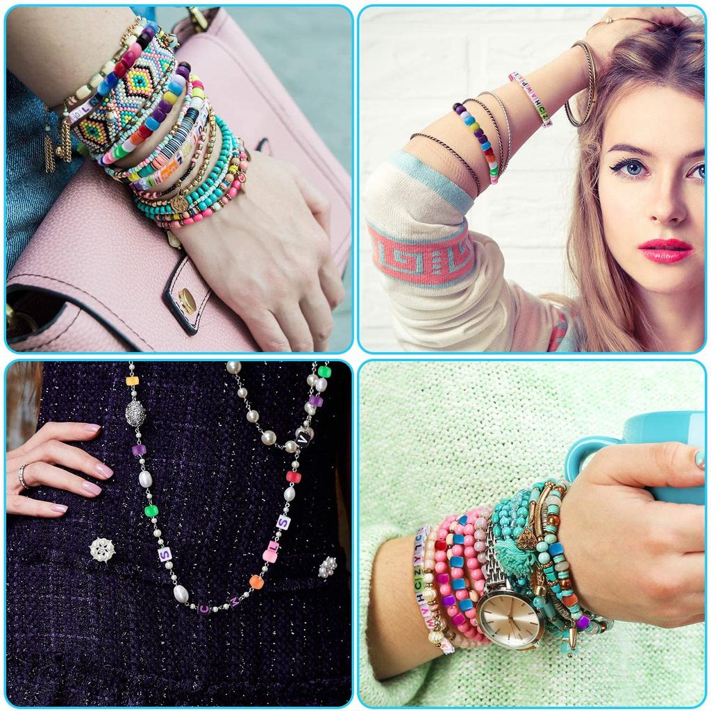 24-Grid Acrylic Letter Bead Diy Set, Bracelet, Necklace, Pony Bead Material, 10-Color Elastic Rope, Tweezers.