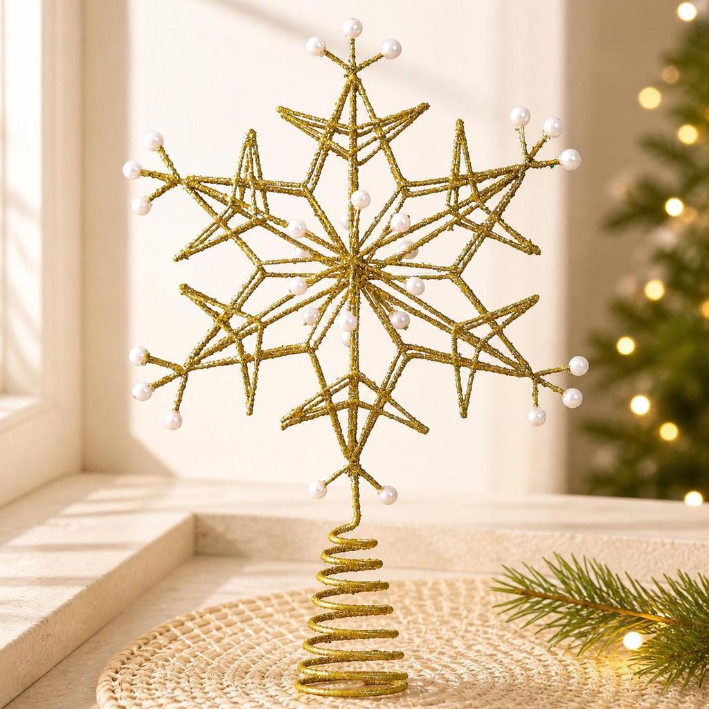 Wrought Iron Snowflake Pearl Star Christmas Tree Topper Ornament