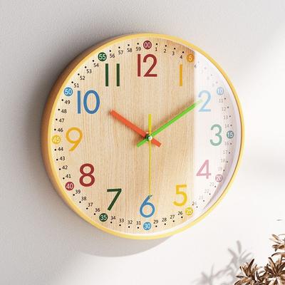 Children's Clock, Living Room Home Wall-mounted Wooden Grain Wall Clock, Silent, Fashionable, Creative Quartz Clock, Bedroom