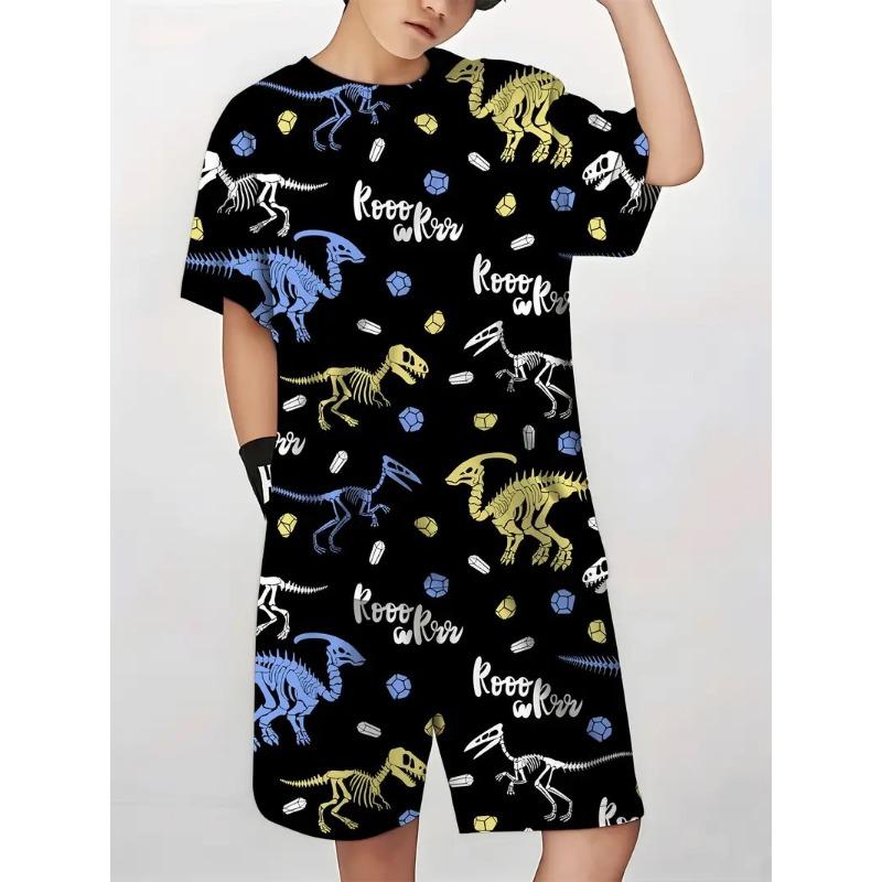 Set T-shirt Estiva Nuova per Bambini Maschi alla Moda Bello Animale Dinosauro Stampa 3D Girocollo Manica Corta