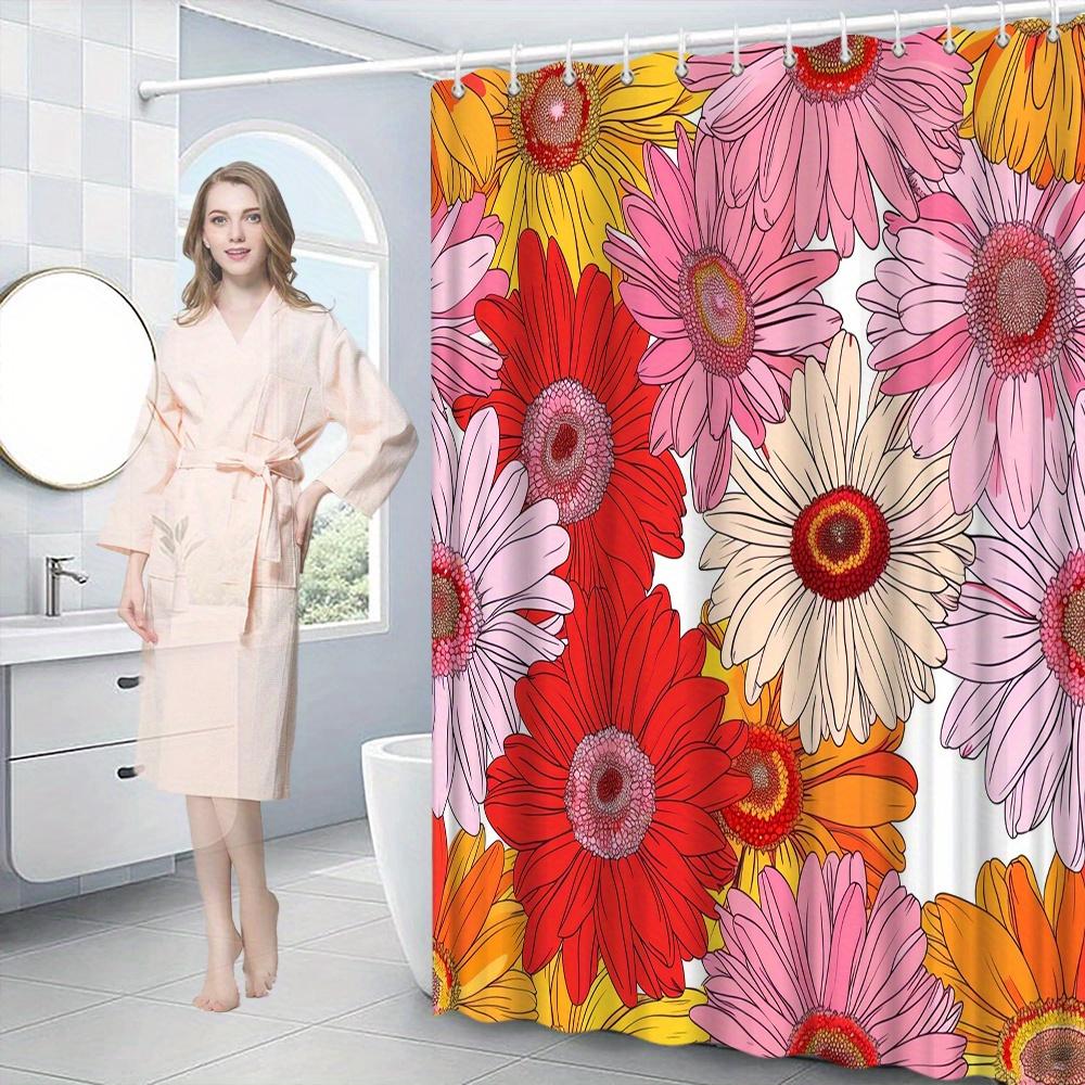 1Pc Polyester Digital Flower Shower Curtain, Modern Style, Vibrant Pink & Red Gerbera Daisies With White & Orange Stylized