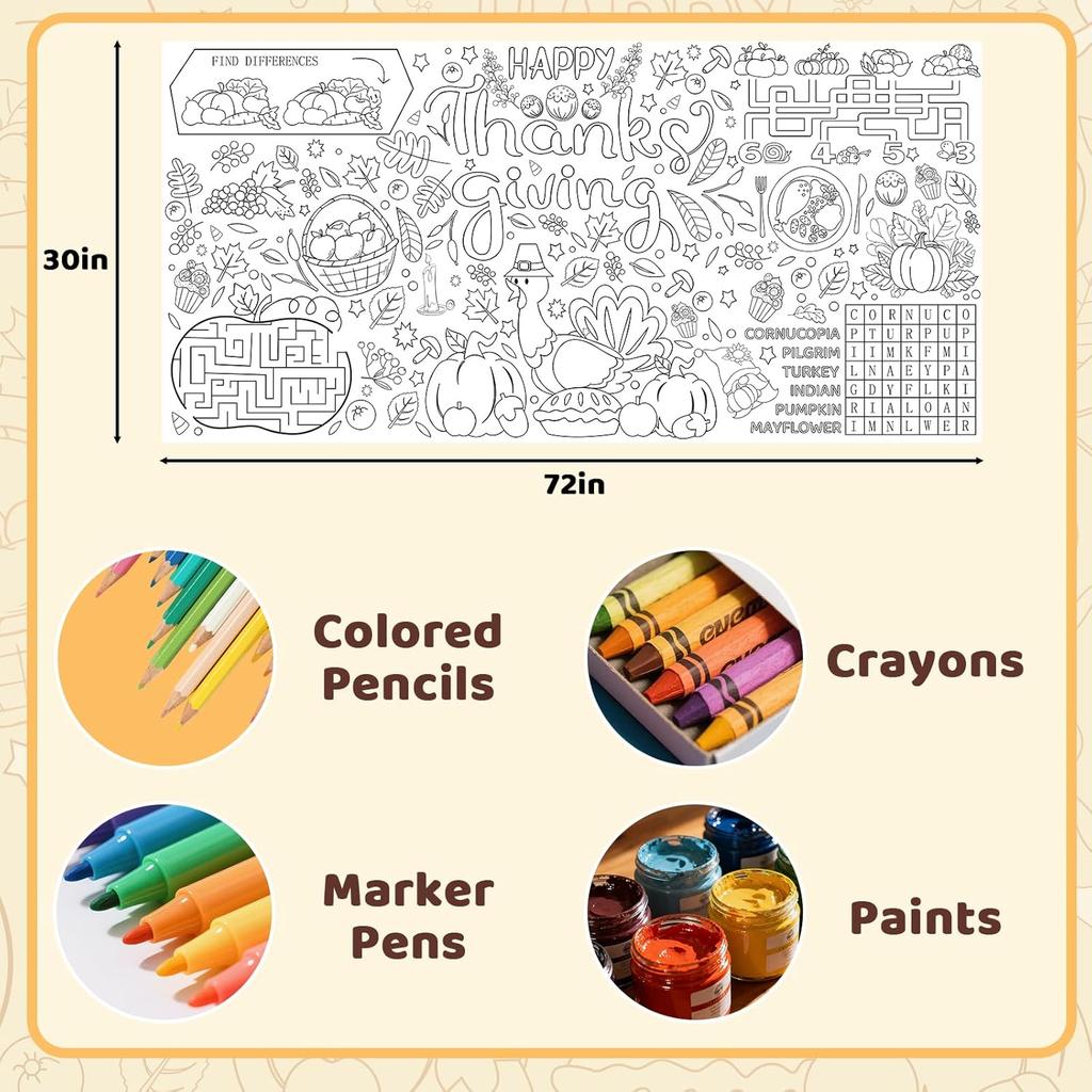 Thanksgiving Giant Coloring Poster, Paper Fall Turkey Themed Tablecloth for Party, Family Activities Games Crafts Gifts Decorations, 30 x 72 Inches