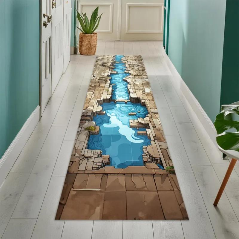 3D Ocean-Sky Gradient Carpet, Photorealistic Beach Wave & Cloud Print Runner Rug Immersive Seascape Floor Mat for Corridor Decor
