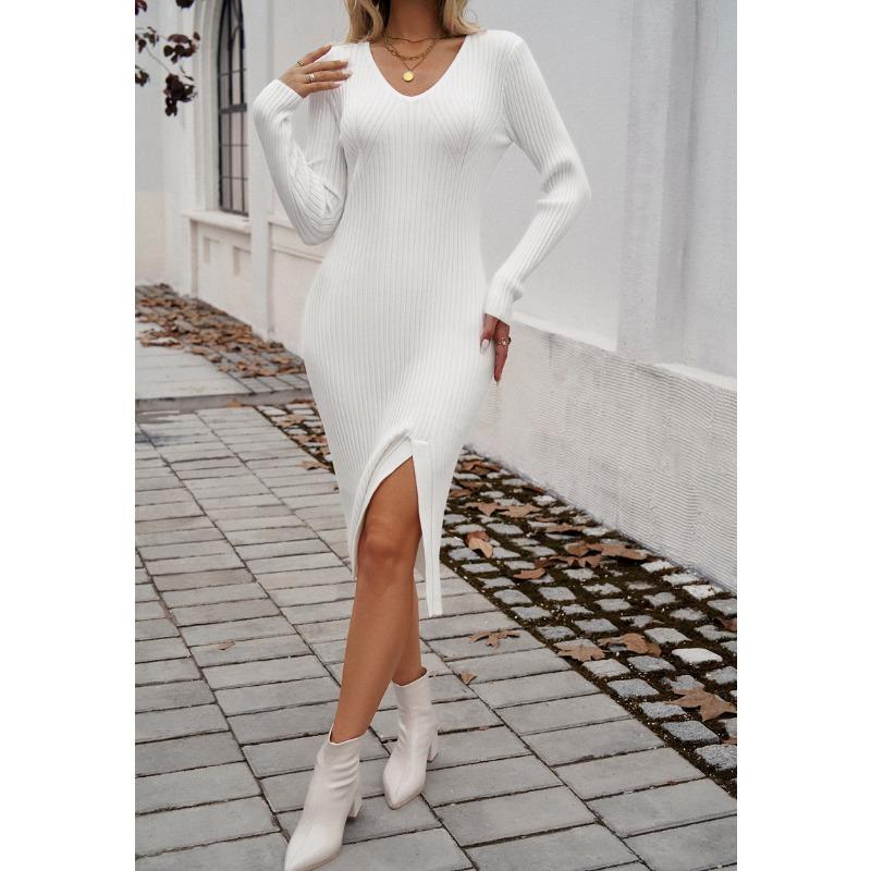 Women Slim V-neck Slit Sweater Dress
