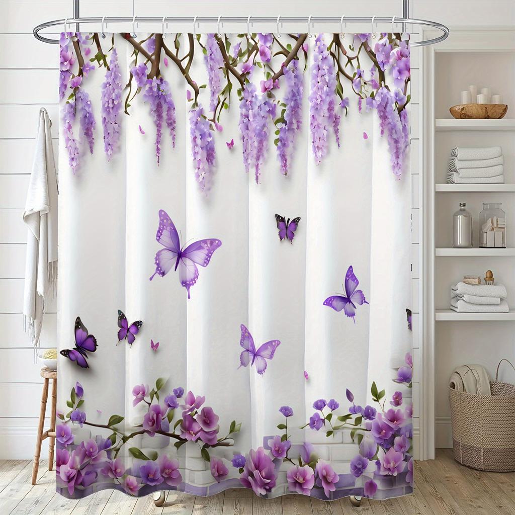 1pc Purple Flower Butterfly Printed Shower Curtain, Windows and Walls Bathtub Bathroom Home Decor Shower Curtain