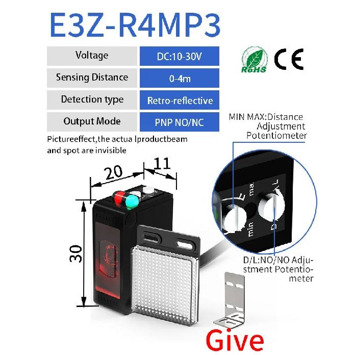 GTRIC E3Z-B61 Photoelectric Sensor Retro-reflective Sensing Distance 4M NPN PNP10-30VDC Square Photo Switch With Bracket