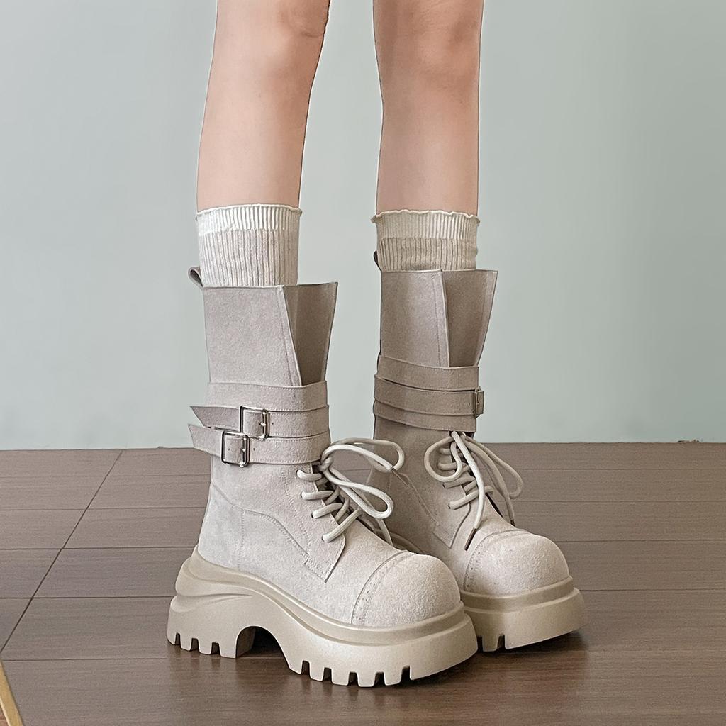 Mid Calf Women Boots Flats Platform Shoes Lace Up Casual Shoes Woman Winter 2025 New Buckle Chelsea Boots Sport Walking Shoes