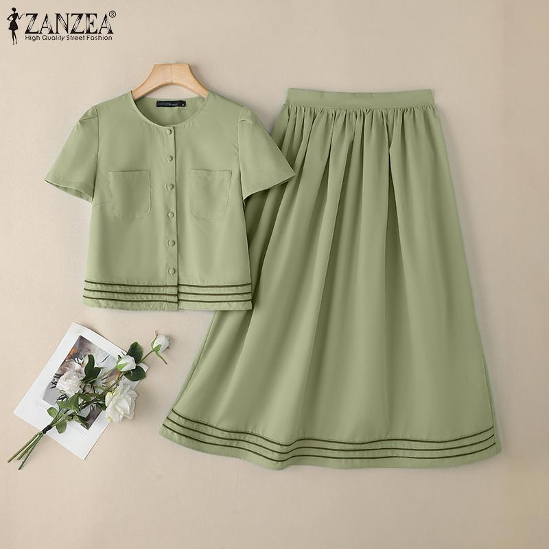 ZANZEA Women Short Sleeve Blouse and A-line Skirts Summer Two Piece Suit Sets
