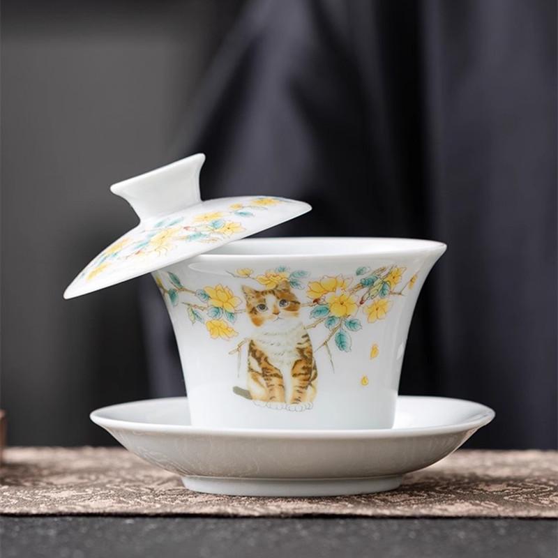 Shadow Celadon Covered Bowl, Tea Cup, White Porcelain Suspended Tea Bowl with Lid, Sancai Ceramic Kung Fu Household Tea Set