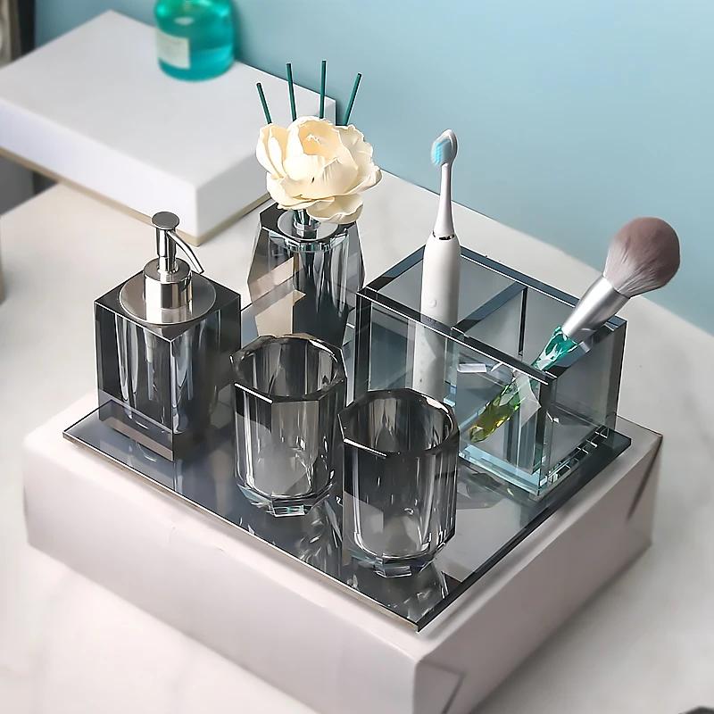 European Grey Crystal Glass Lotion Bottle Mouthwash Cup Toothbrush Shelf Bathroom Accessories Luxury Crystal Toothbrush Shelf
