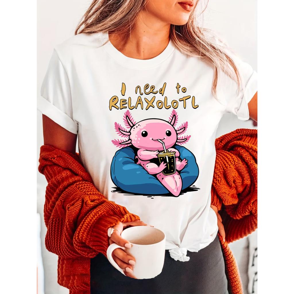 Axolotl Relaxing Print T-Shirt for Women - 100% Knit Fabric, Crew Neck, Short Sleeve Casual Top, Slight Stretch, Regular Length, All Seasons